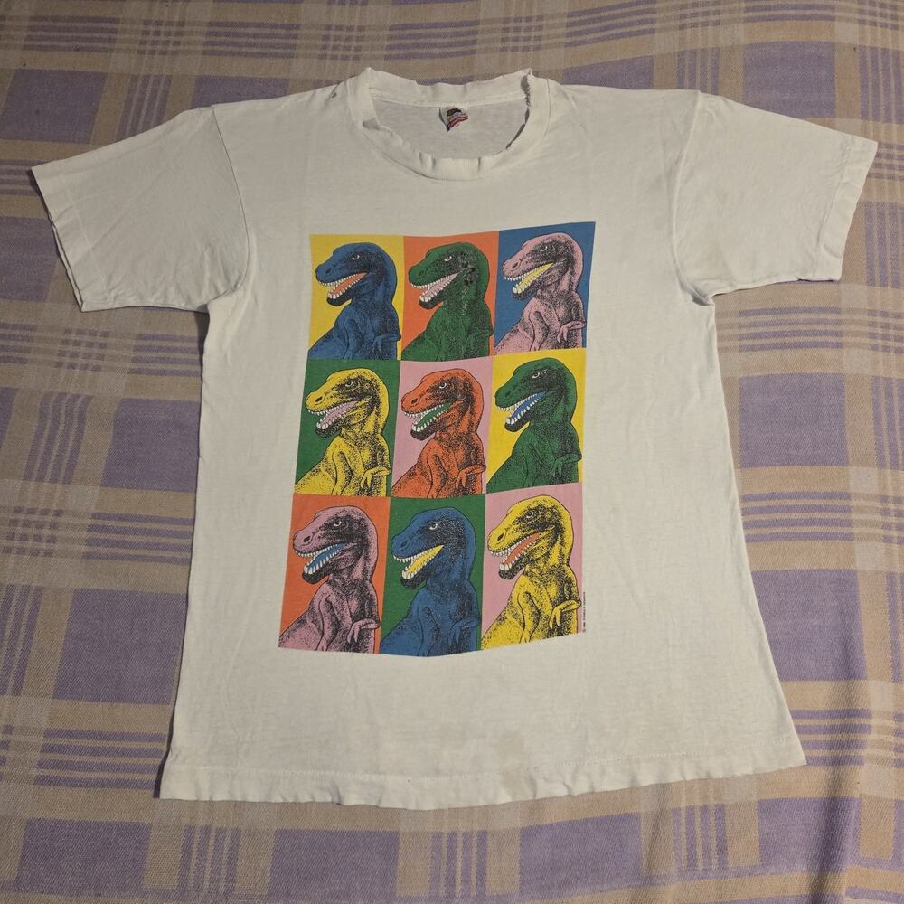 Vtg 90s Dinosaur Andy Warhol Stanley Desantis Colorful Art White T Shirt 1992